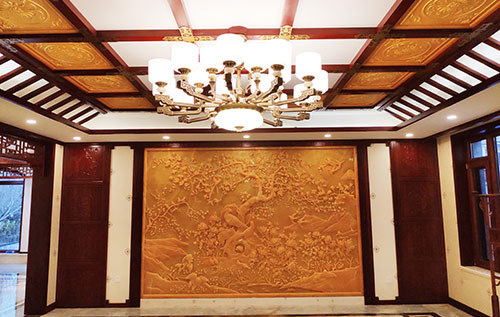 横栏镇中式别墅客厅中式木作横梁吊顶装饰展示